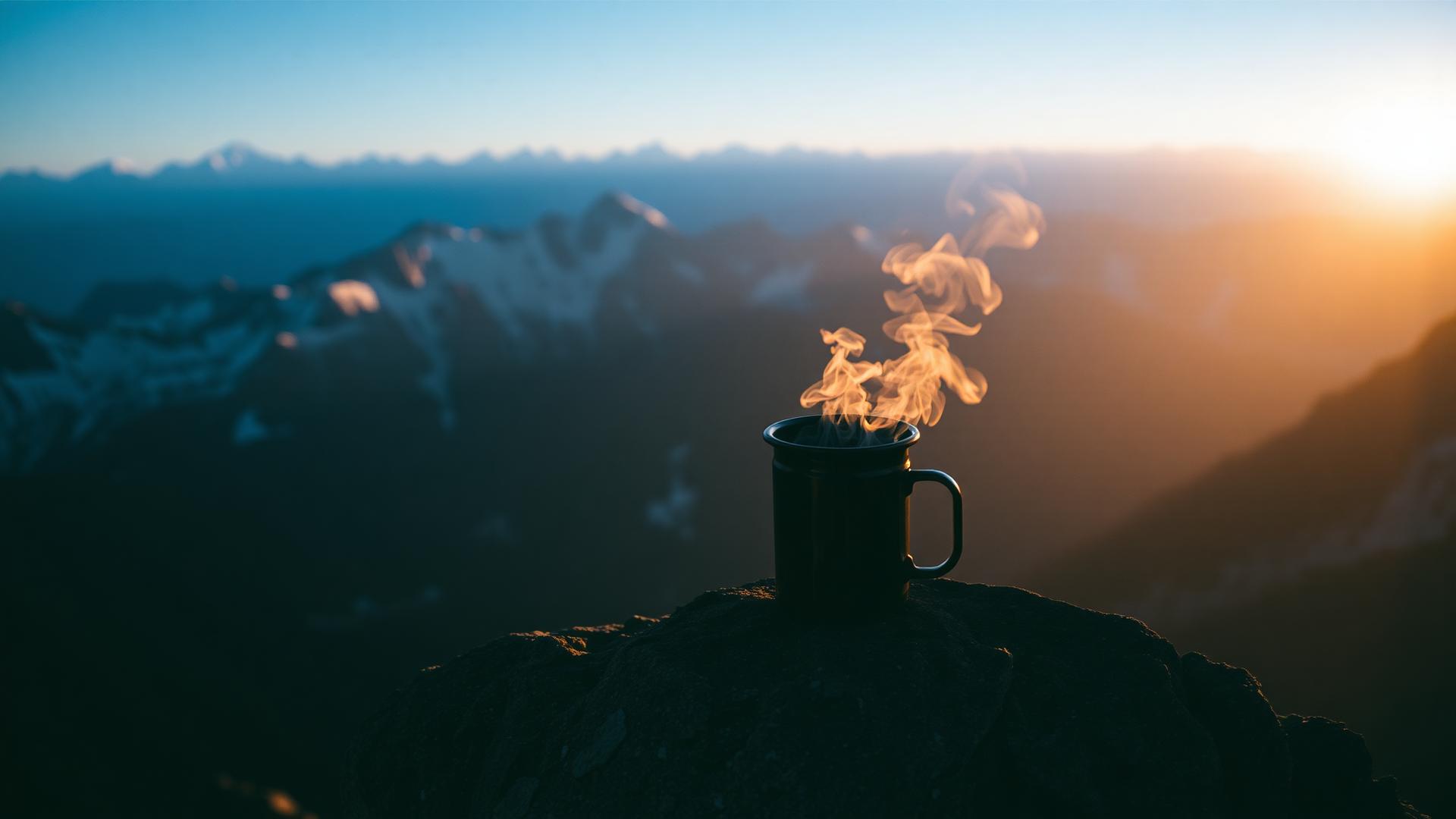 Taza de café humeante sobre una roca frente a montañas al amanecer